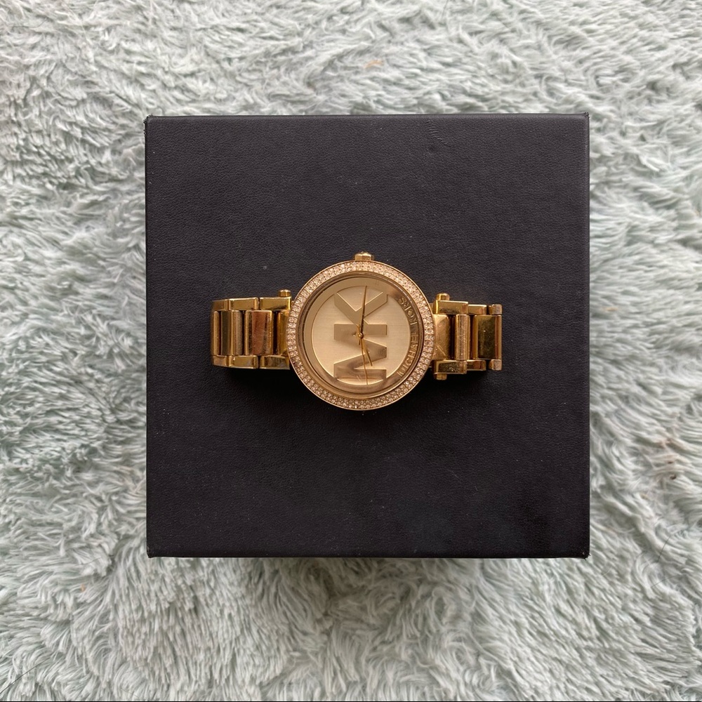 Michael Kors Womens Parker Logo Gold-Tone Watch